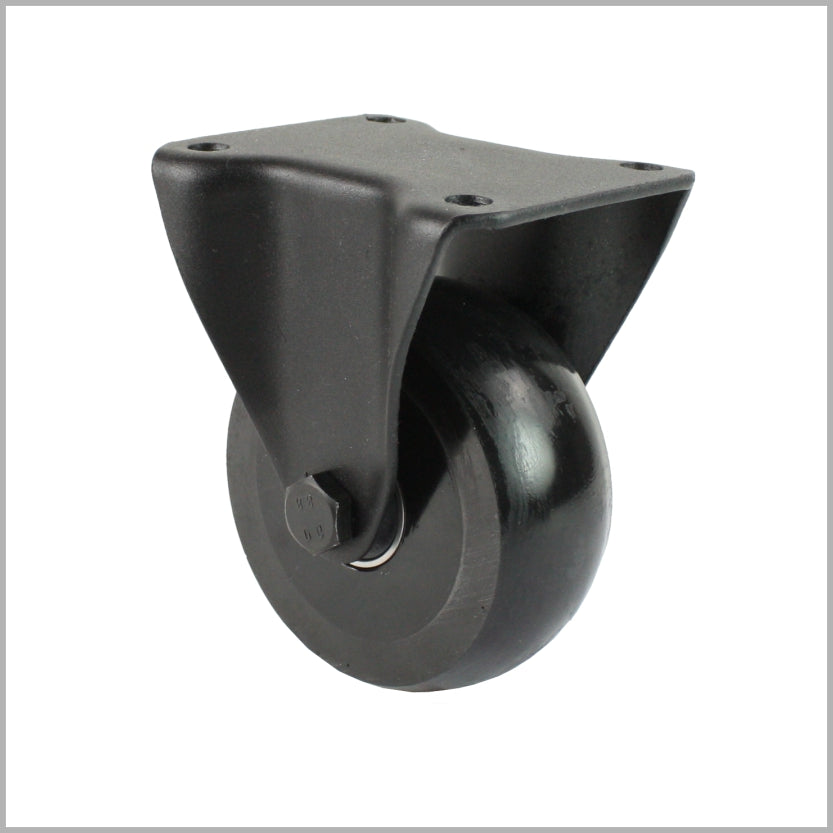 Black fixed castor 100 mm with crowned PU wheel, Kugellager and DIN-Platte 105x80 mm