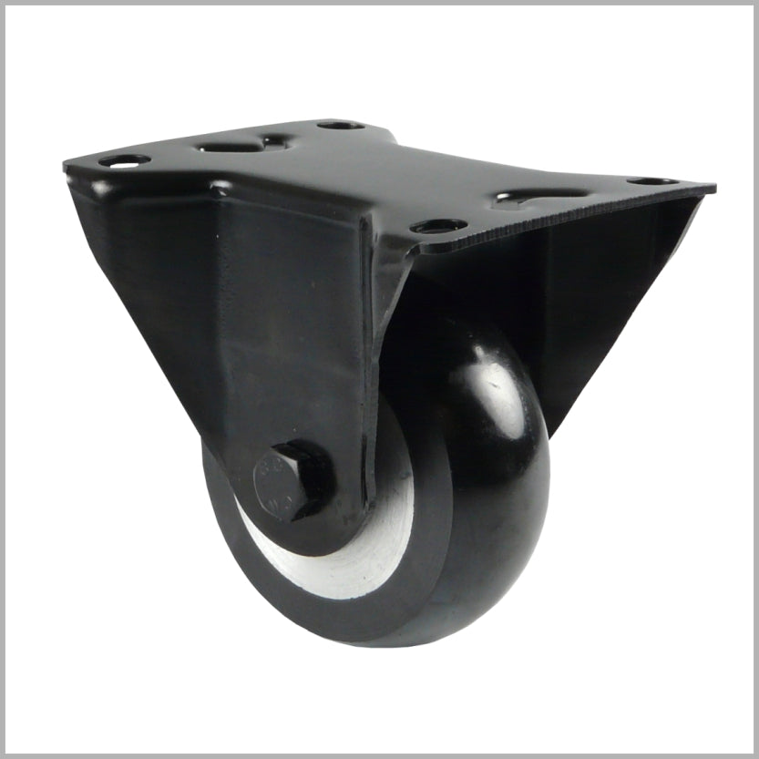 Schwarze Schwerlast-Bockrolle 125 mm mit balligem Polyurethanrad und Kugellager