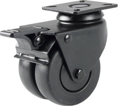 Schwarze Doppel-Lenkrolle mit Platte und Bremshebel, mit 2 schwarzen Gummi-Rädern.