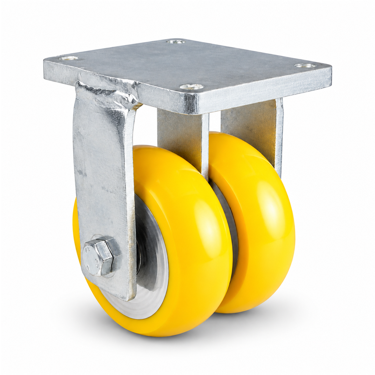 Schwerlast-Bockrolle Ø 200 mm Doppelrad, Polyurethan gelb ballig, verzinktes Stahlgehäuse, 2000 kg – B-MGGS/690KBA/200/50