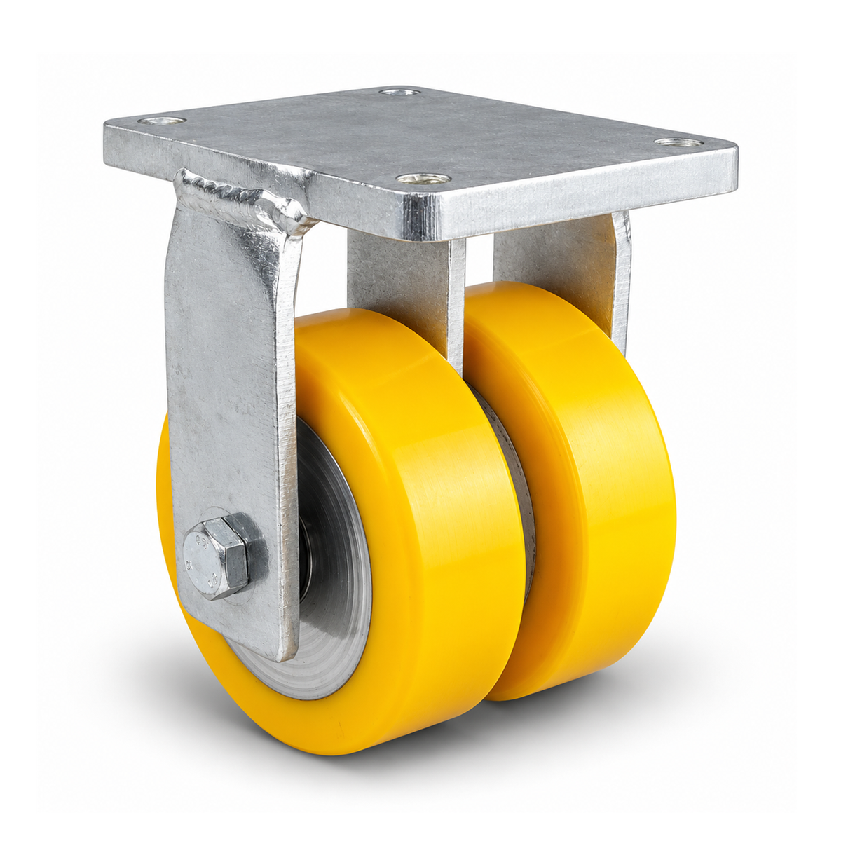 Schwerlast-Bockrolle Ø 100 mm Doppelrad, Polyurethan gelb flach, verzinktes Stahlgehäuse, 1000 kg – B-MGGS/690KFL/100/50