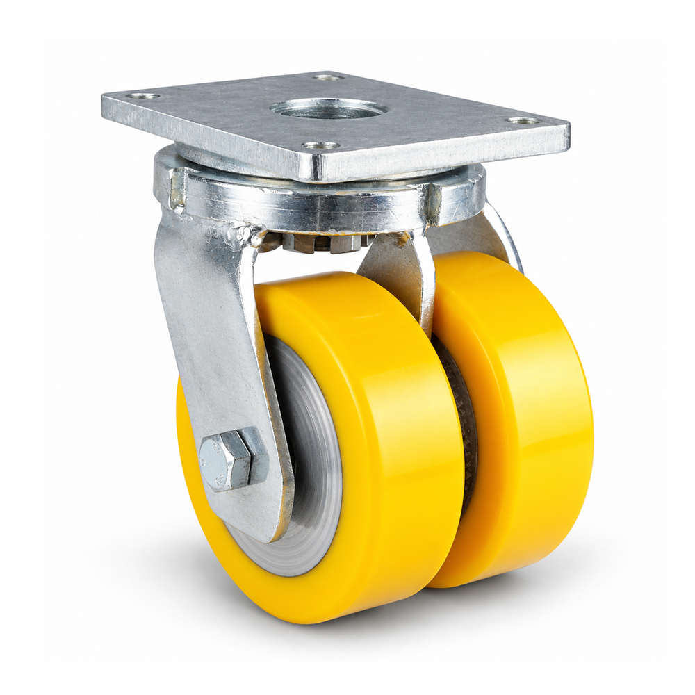 Heavy-duty swivel castor Ø 100 mm twin wheel, polyurethane yellow flat, galvanised steel housing, 1000 kg – L-MGGS/690KFL/100/50