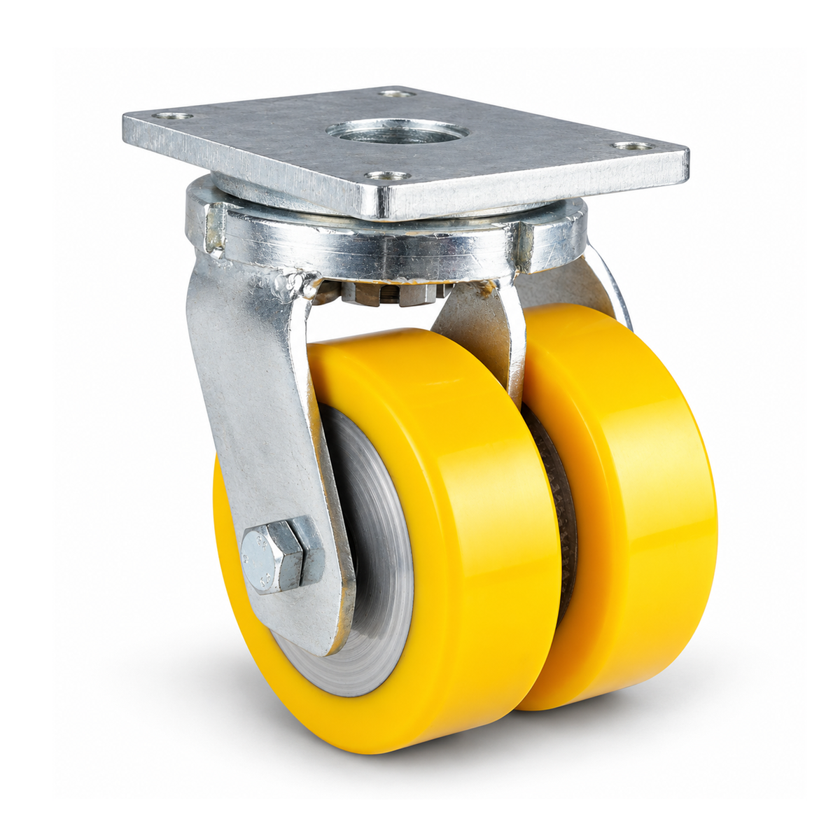 Schwerlast-Lenkrolle Ø 250 mm Doppelrad, Polyurethan gelb flach, verzinktes Stahlgehäuse, 2500 kg – L-MGGS/690KFL/250/50