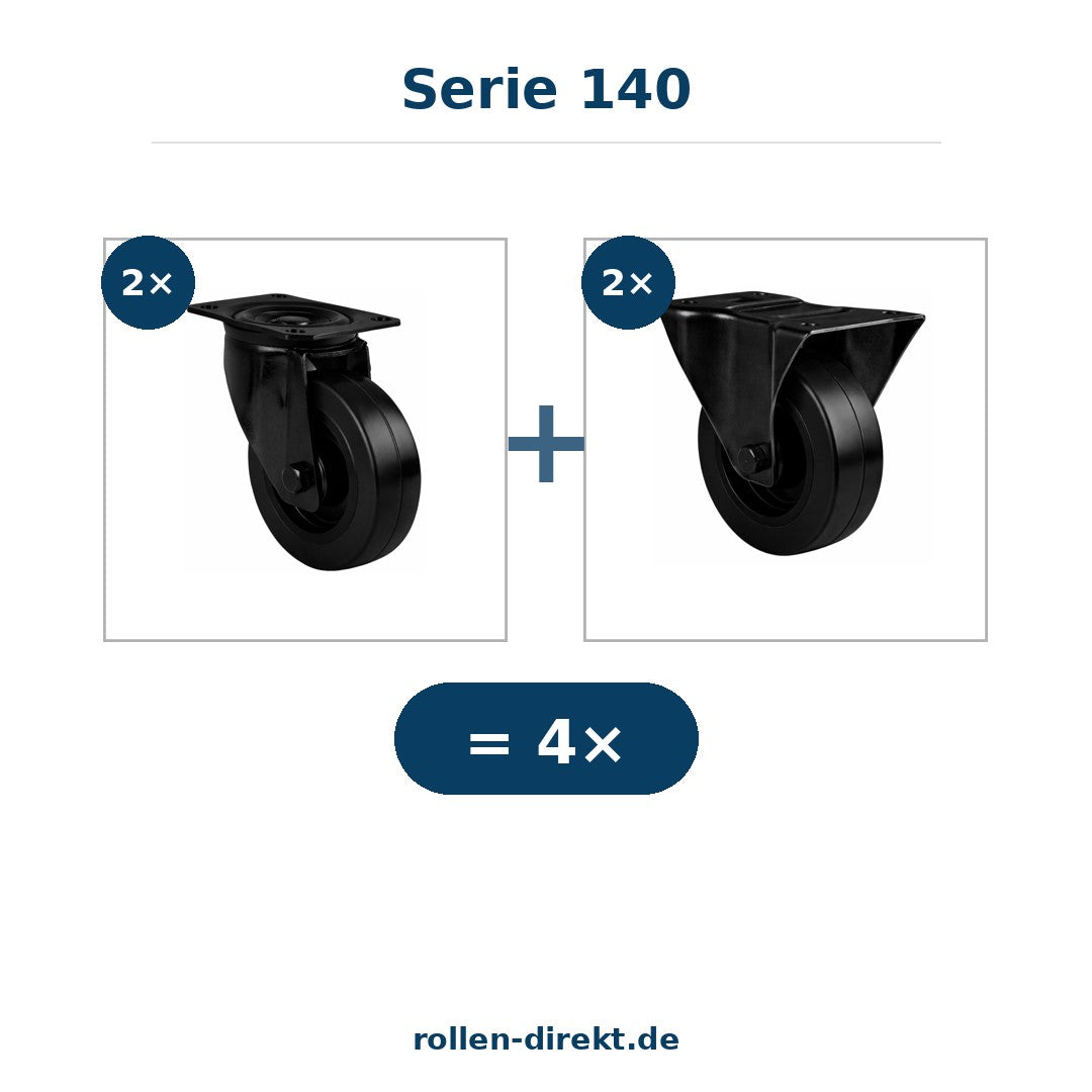 Rollensatz 100 mm – 2 Lenkrollen + 2 Bockrollen – Elastik-Gummi spurfrei – Serie 140