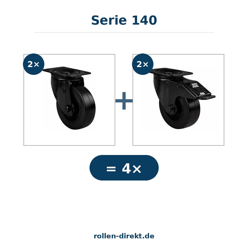 Rollensatz 2 Lenkrollen + 2 Feststeller schwarz, Serie 140