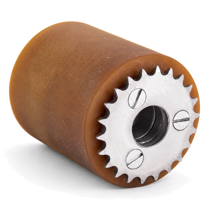 Vulkollan®-Antriebsrolle Ø 50 × 40 mm mit verschraubtem Kettenrad – Stahlkern, Kugellager, Bohrung 12 mm