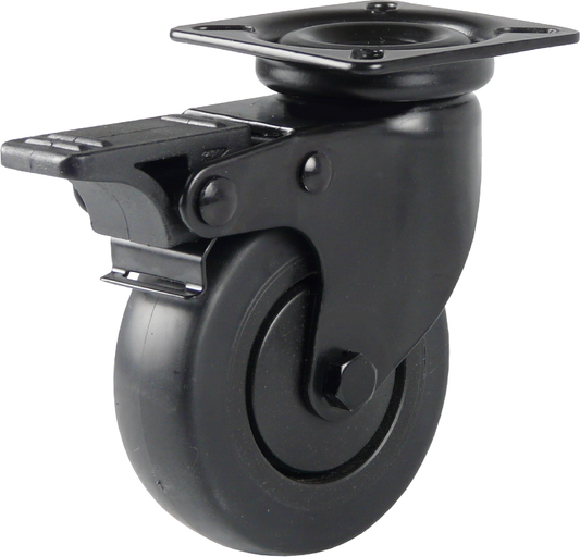 75 mm - Black swivel castor with brake and plate fitting