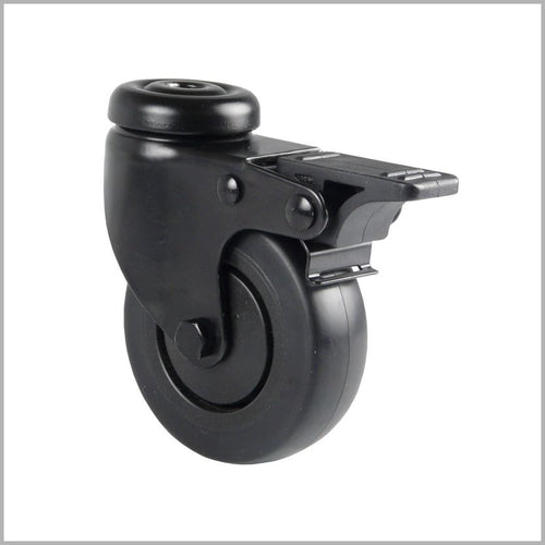 Lenkrolle mit schwarzem Rad, Rückenloch und Bremshebel (Feststellbremse) als Bremse auf weißem Hintergrund.