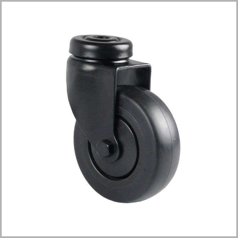 Black swivel castor 75 mm with bolt hole – rubber, non-marking & leise